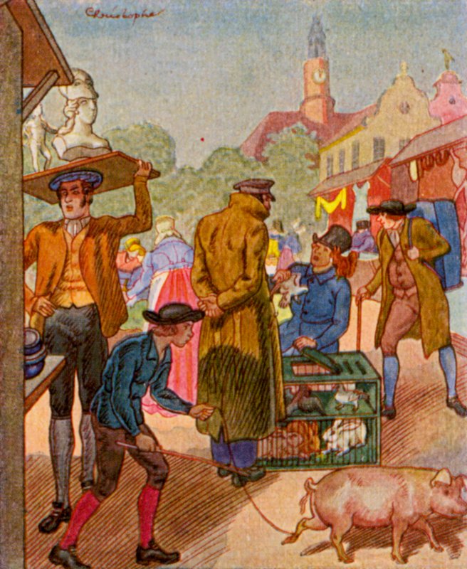 Wochenmarkt / Týdenní trh (barevná litografie) od Christophe (1856 1945)
