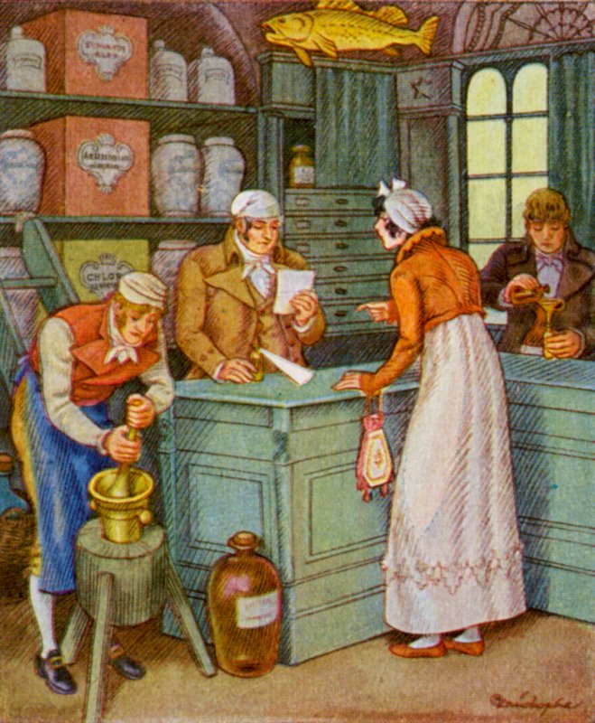 Apotheke / Lékárna (barevná litografie) od Christophe (1856 1945)