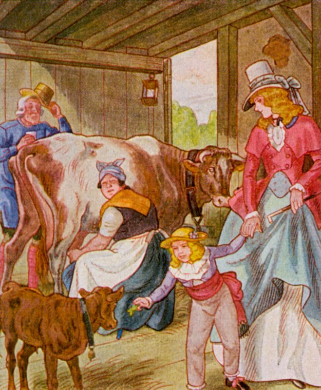 Besuch Im Kuhstall / Návštěva v kravíně (barevná litografie) od Christophe (1856 1945)