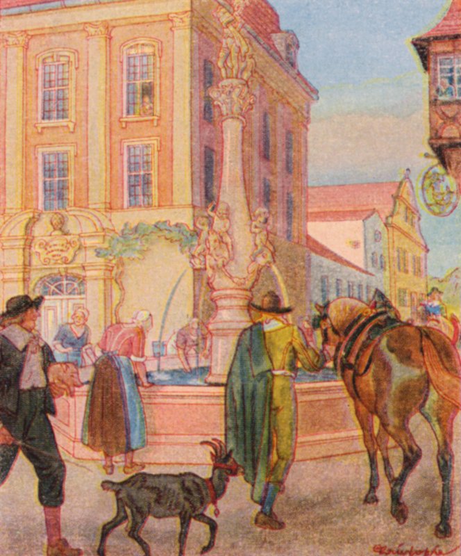 Brunnen Und Tranke / Kašna a pítko (barevná litografie) od Christophe (1856 1945)