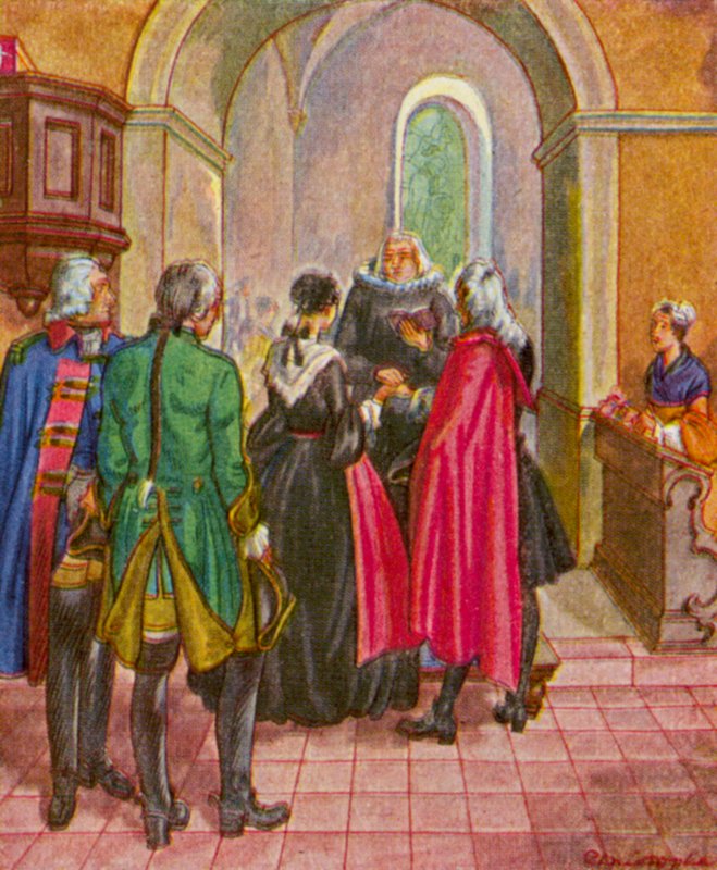 Burgertrauung In Augsburg / Civilní svatba v Augsburgu (barevná litografie) od Christophe (1856 1945)