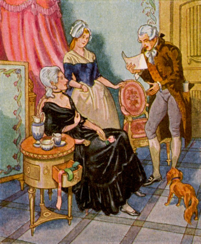 Dichtervorlesung Im Boudoir / Čtení poezie v budoáru (barevná litografie) od Christophe (1856 1945)