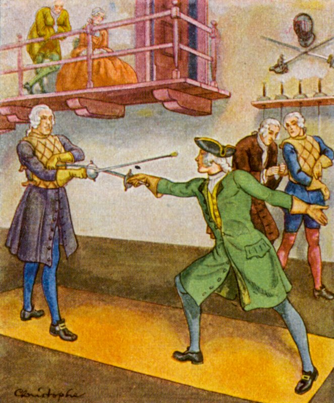 Fechtschule / Šermířská škola (barevná litografie) od Christophe (1856 1945)