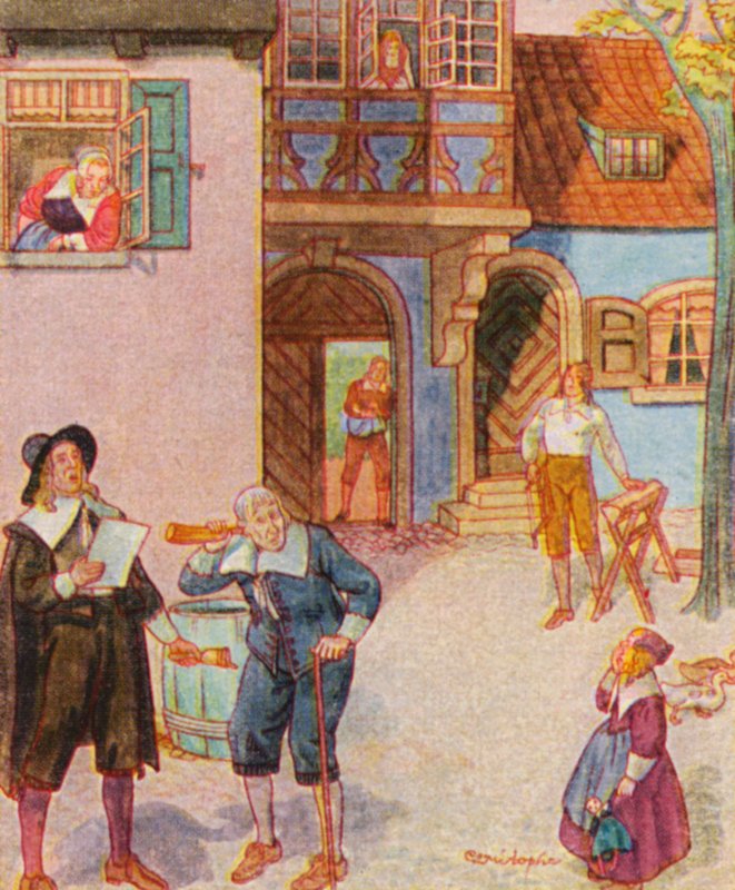 Gemeindeausrufer / obecní hlasatel (barevná litografie) od Christophe (1856 1945)