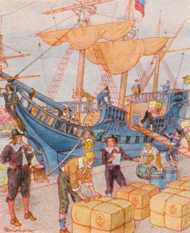 Hafen Mit Tabakballen / Přístav s balíky tabáku (barevná litografie) od Christophe (1856-1945)
