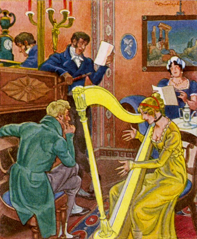 Harfenkonzert / Harfový koncert (barevná litografie) od Christophe (1856 1945)