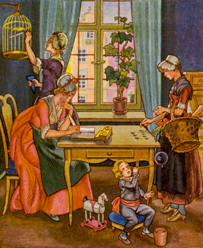 Haushaltsabrechnung / Domácí účetnictví (barevná litografie) od Christophe (1856 1945)