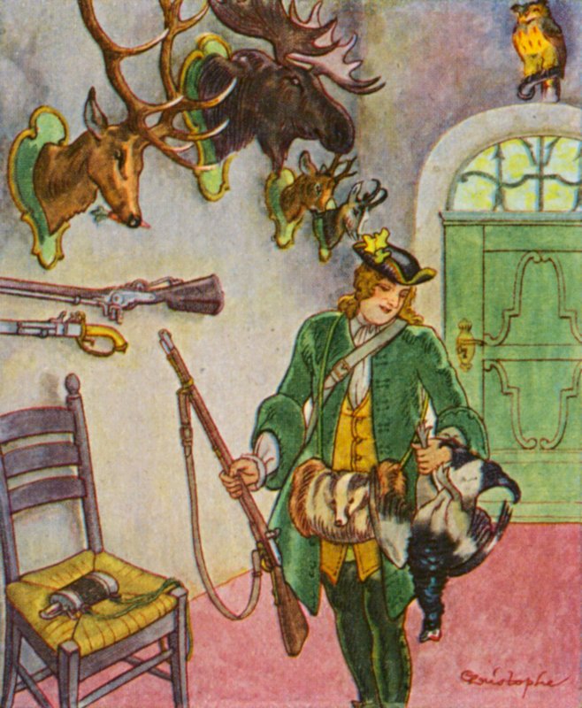 Jagdschloss Mit Trophaen / Lovecký zámeček s trofejemi (barevná litografie) od Christophe (1856 1945)