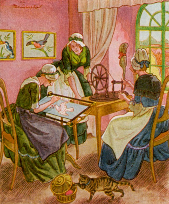 Stickerin Und Spinnerin / Vyšívačka a přadlena (barevná litografie) od Christophe (1856 1945)