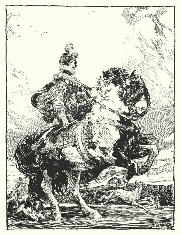 Žena v kostýmu Tudora lovící na koni (litho) od Christopher (after) Clark
