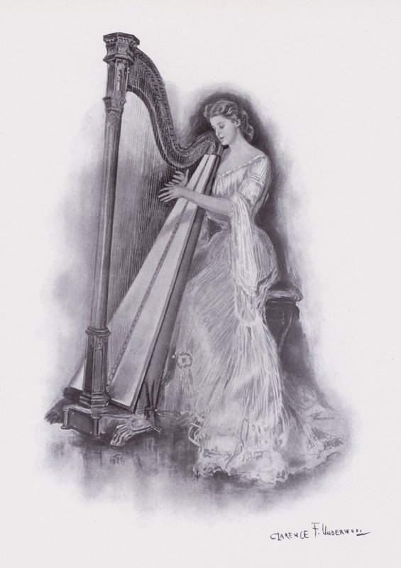Žena hrající na harfu (barva litho) od Clarence F. Underwood