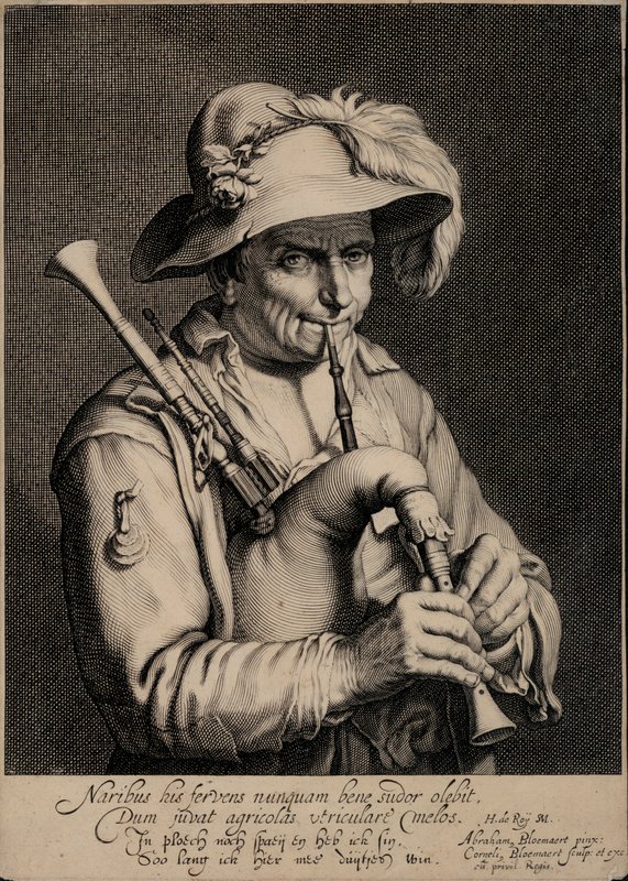 Muž hrající na dudy (rytina) od Cornelis Bloemaert