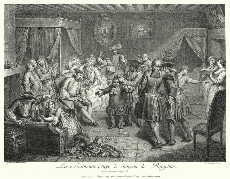 La Rancune řeže klobouk Ragotin (rytina) od Cornelis Engelbrechtsen