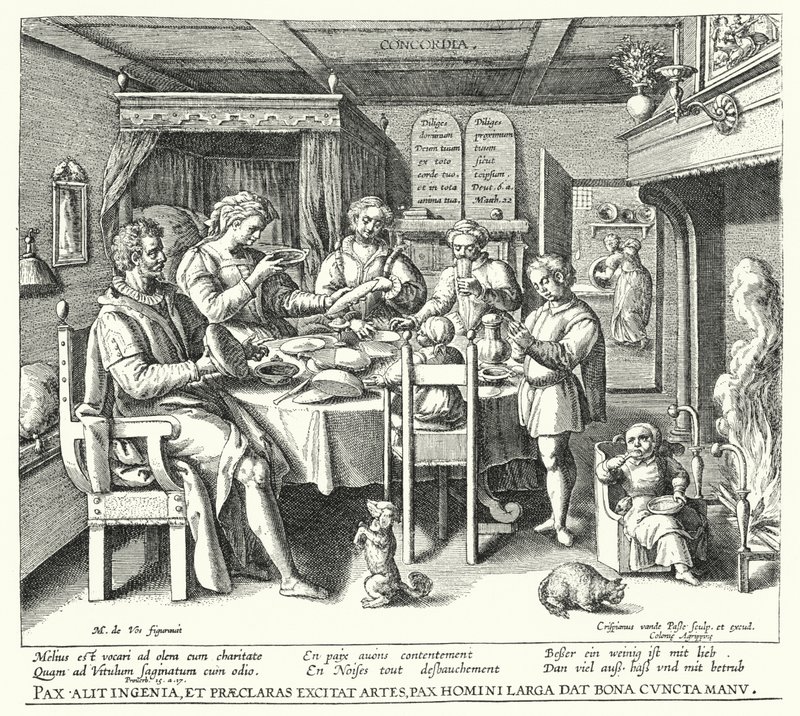 Modlitba před jídlem (rytina) od Crispin I de (after) Passe