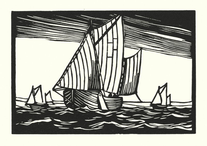 Rybářské lodě a bárky: Brighton Hoggies (dřevoryt) od Cyril A. Wilkinson