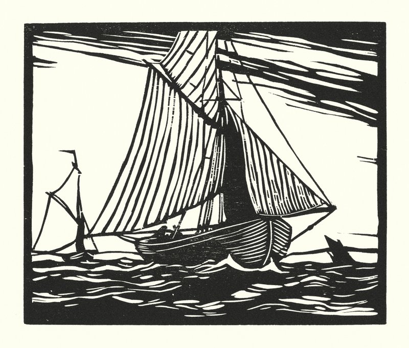Rybářské lodě a bárky: (dřevoryt): Rybářská bárka, počátek 19. století od Cyril A. Wilkinson