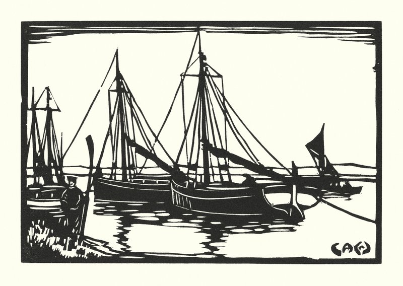 Rybářské lodě a bárky: Leigh Bawleys (dřevoryt) od Cyril A. Wilkinson