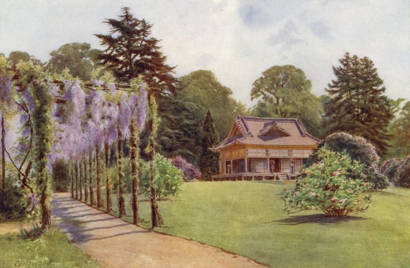 Japonský dům a Wistaria Pergola, Bagshot Park (barevné lito) od Cyril Ward