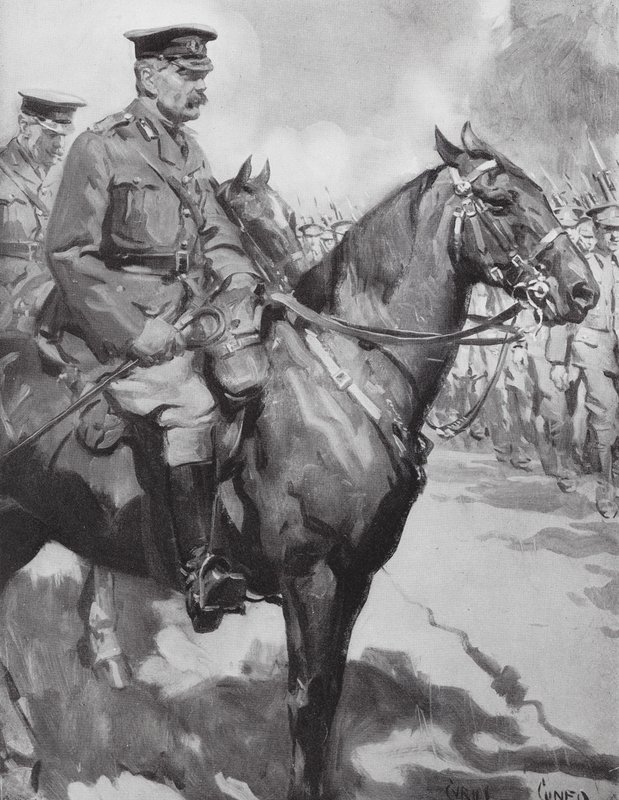 Lord Kitchener kontroluje část "Kitchenerovy armády" (litografie) od Cyrus (after) Cuneo