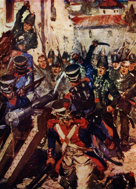 Střelecká brigáda vyklízející vesnici (barva litho) od Cyrus Cuneo