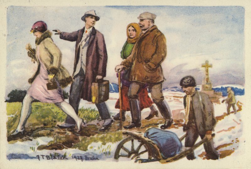Lidí, kteří jdou v zasněžené krajině od Czech School