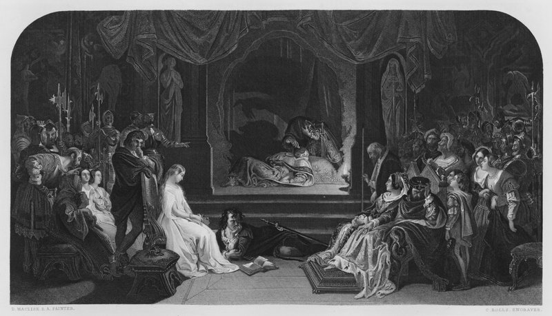 The Play Scene, Hamlet, z obrázku v Galerii Vernon (rytina) od Daniel (after) Maclise