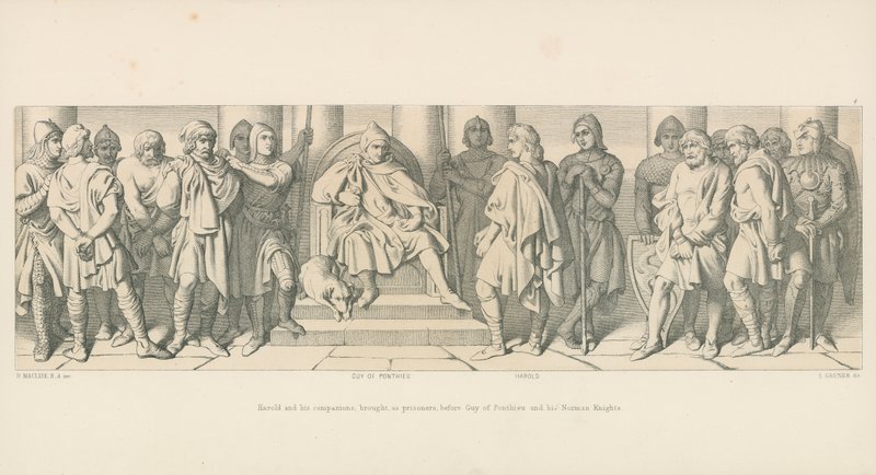 Harold a jeho společníci předvedeni jako vězni před Guye z Ponthieu a jeho normanským rytířům od Daniel Maclise