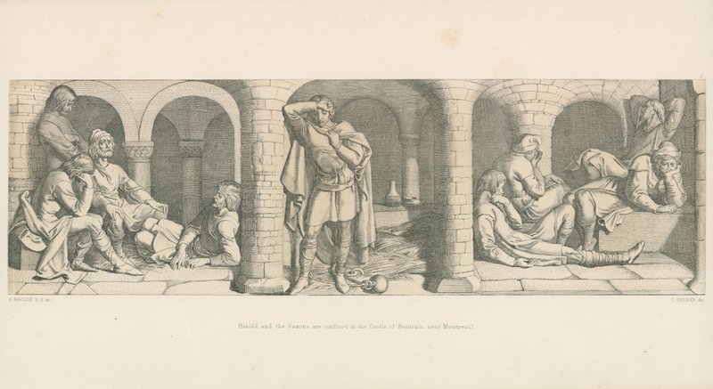 Harold a Sasové jsou uvězněni v zámku Beaurain poblíž Montreuil od Daniel Maclise