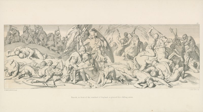 Harold, před Standard of England, je probodnut padajícím šípem od Daniel Maclise