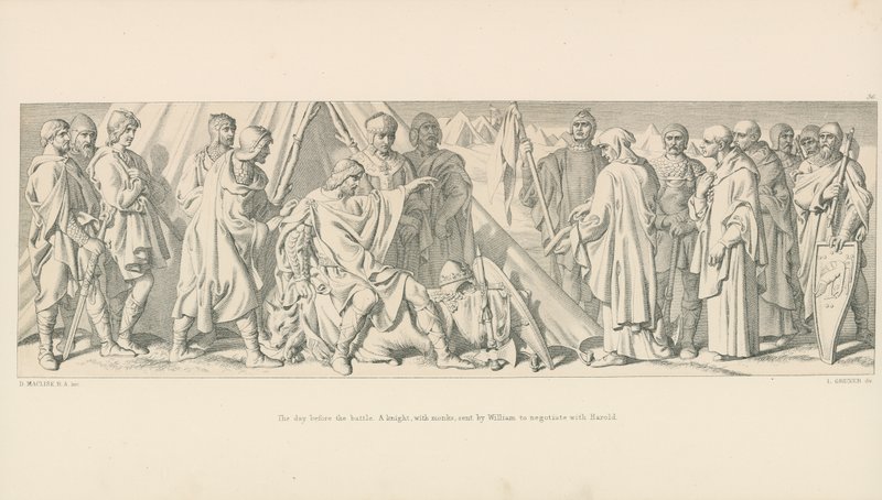 Den před bitvou. Rytíř s mnichy, kterého poslal William vyjednávat s Haroldem od Daniel Maclise