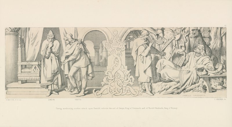 Tostig, který uvažuje o dalším útoku na Harolda, žádá o pomoc Sweyna, krále dánského, a Harolda Hardrada, krále norského. od Daniel Maclise