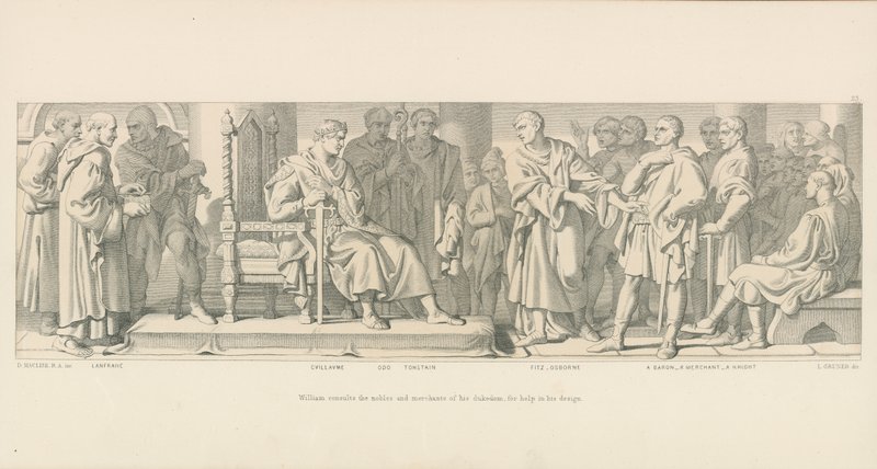 William konzultuje šlechtice a obchodníky svého vévodství o pomoc při jeho návrhu od Daniel Maclise