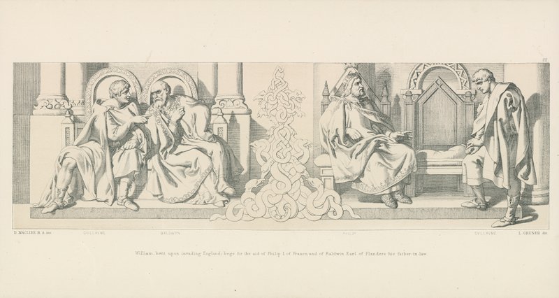William, odhodlaný napadnout Anglii; prosí o pomoc Filipa I. Francouzského a Balduina hraběte z Flander, jeho tchána od Daniel Maclise