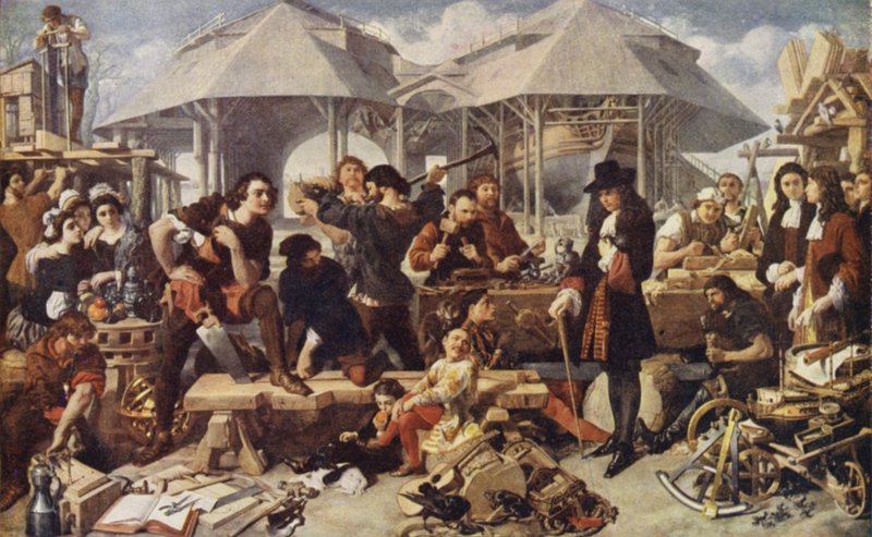 Petra Velikého v Deptford Dockyard v Londýně od Daniel after Maclise
