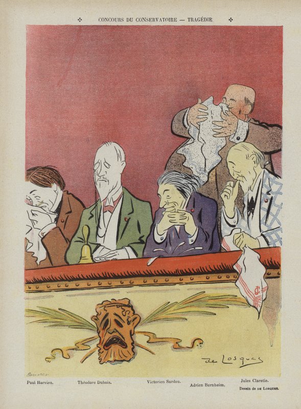 Soutěž na pařížské konzervatoři - tragédie. Ilustrace pro Le Rire od Daniel de Losques