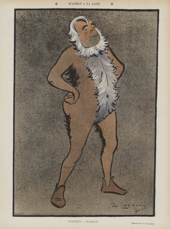 Francouzský herec Benoit-Constant Coquelin ve hře Scarron v Theatre de la Gaite. Ilustrace k filmu Le Rire od Daniel de Losques