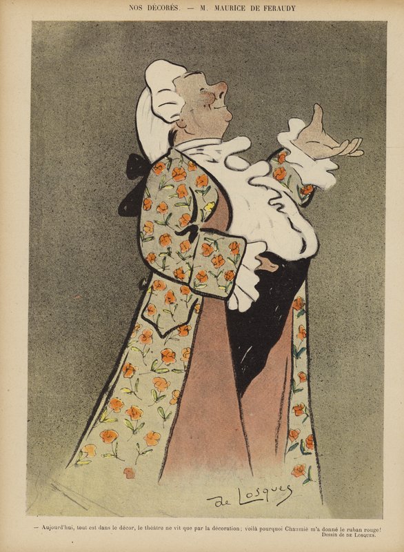 Maurice de Feraudy, francouzský písničkář a herec. Ilustrace k filmu Le Rire od Daniel de Losques