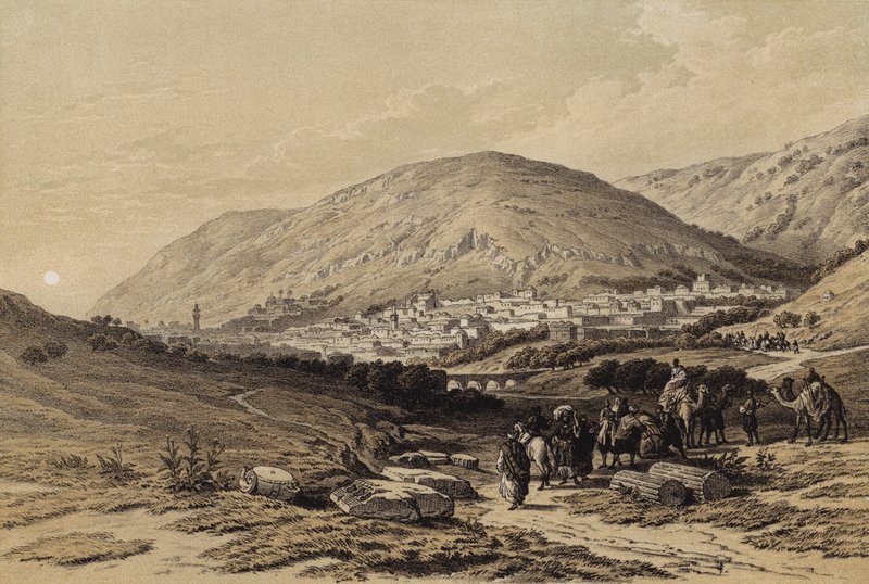 Nablous, starověký Shechem (barva litho) od David (after) Roberts