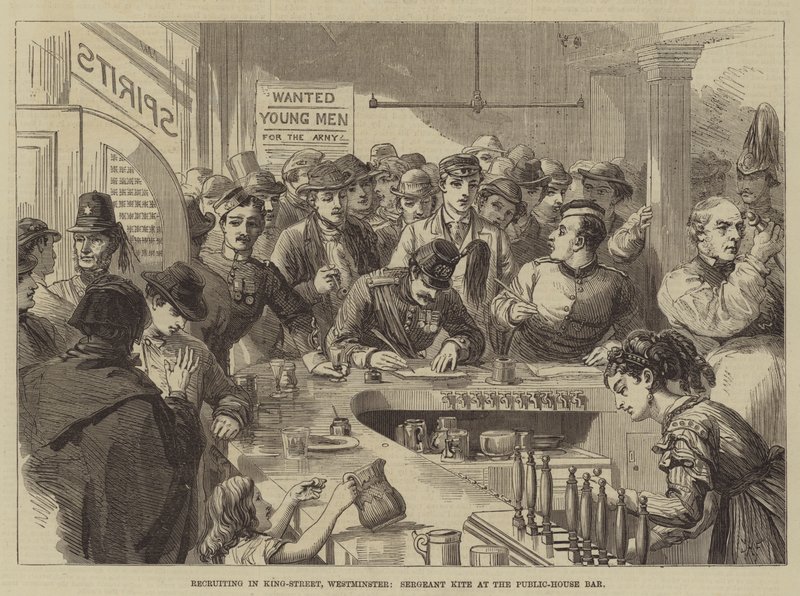 Nábor v King-Street, Westminster, seržant Kite v baru Public-House od David Henry Friston