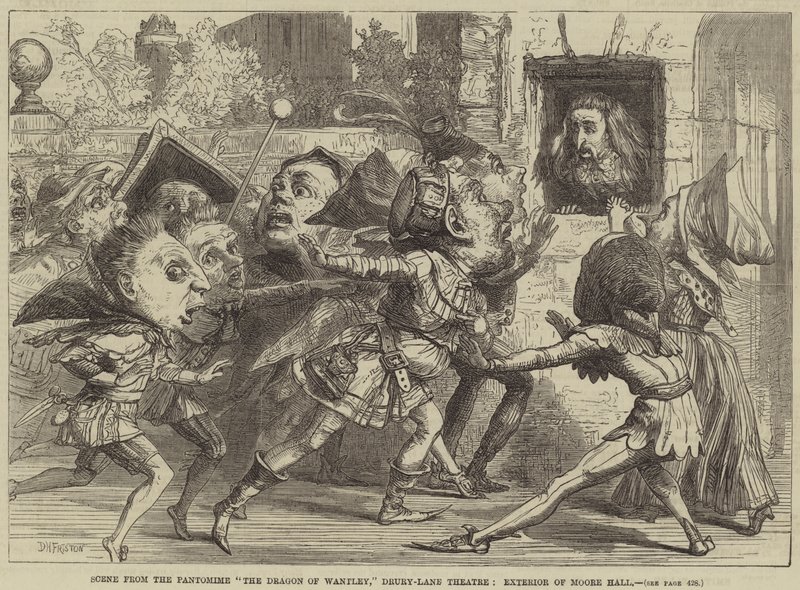 Scéna z pantomimy Drak z Wantley, divadlo Drury-Lane, exteriér Moore Hall od David Henry Friston