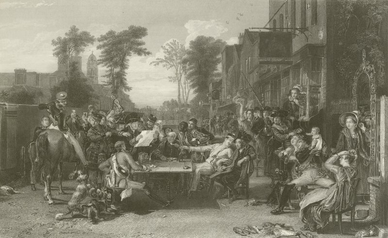 Důchodci z Chelsea čtou Věstník bitvy u Waterloo od David Wilkie