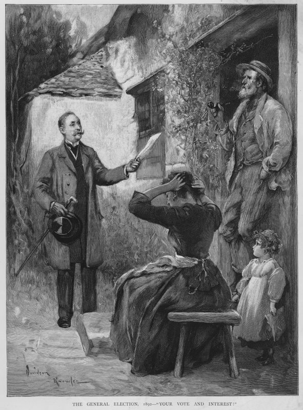 Shánění hlasů během britské všeobecné volební kampaně v roce 1892 (litho) od Davidson Knowles