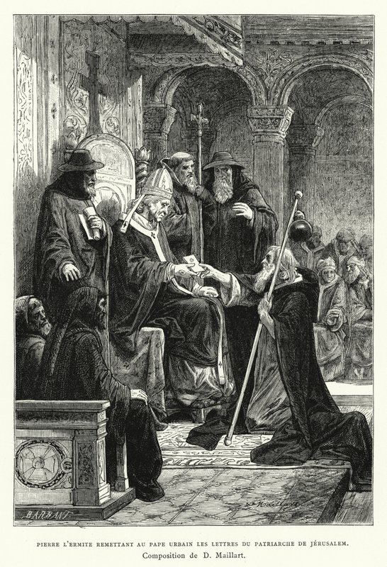 Petr poustevník předává papeži Urbanovi dopisy jeruzalémského patriarchy (rytina) od Diogene Ulysse Napoleon Maillart