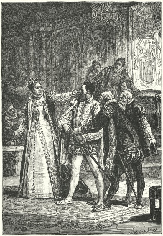 Hrabě z Essexu vyhrožoval, že vytasí meč poté, co ho královna Alžběta I. připoutala kolem ucha za jeho drzost, 1598 od Diogene Ulysse Napoleon Maillart