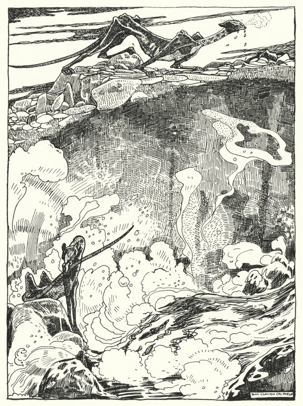 "Viděli jsme dračí štěňata, jak jdou dolů do bazénu, aby se napili a očistili" (rytina) od Dion Clayton Calthrop