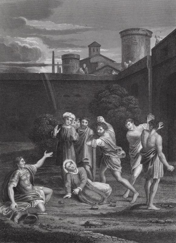Ukamenování svatého Štěpána, Skutky, kap. VII, verš 54, 60 (rytina) od Domenichino (1581 1641) (after)