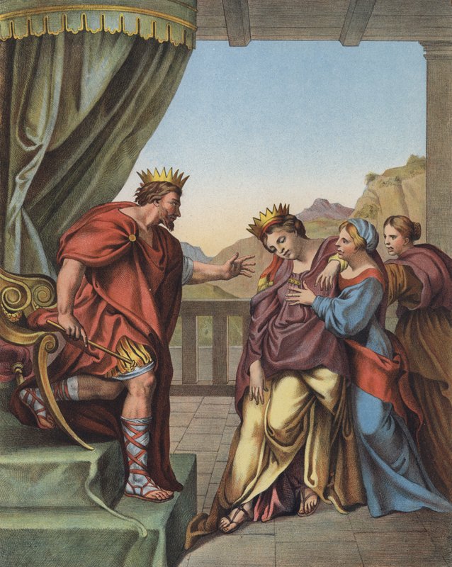 Král Ahasver slibuje Ester, že splní vše, o co požádá (barva litho) od Domenichino