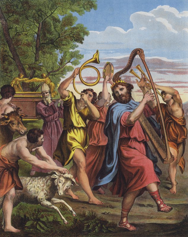Král David tančí před archou úmluvy, když ji přináší do Jeruzaléma od Domenichino