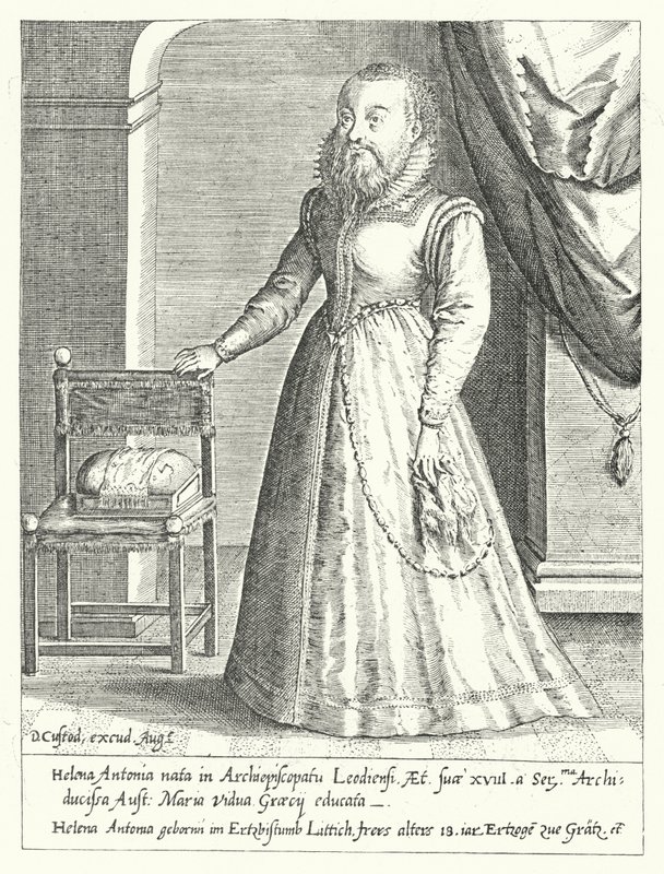 Helena Antonia z Lutychu, vousatá dvorní trpaslík Marie Rakouské, císařovna Svaté říše římské (rytina) od Dominicus or Custodis Custos