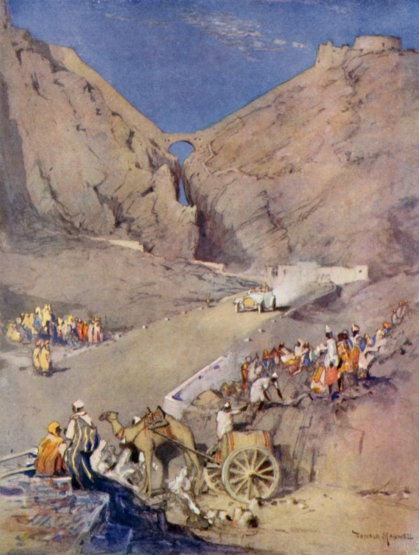 Příjezd princova bílého vozu podivnou štěrbinou, Aden (barevná litografie) od Donald (after) Maxwell